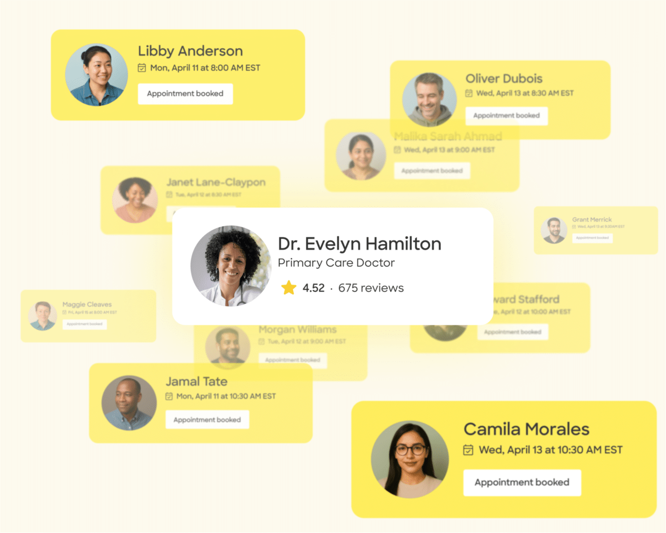 Zocdoc homepage hero showing doctors with booked appointments and a featured provider profile.