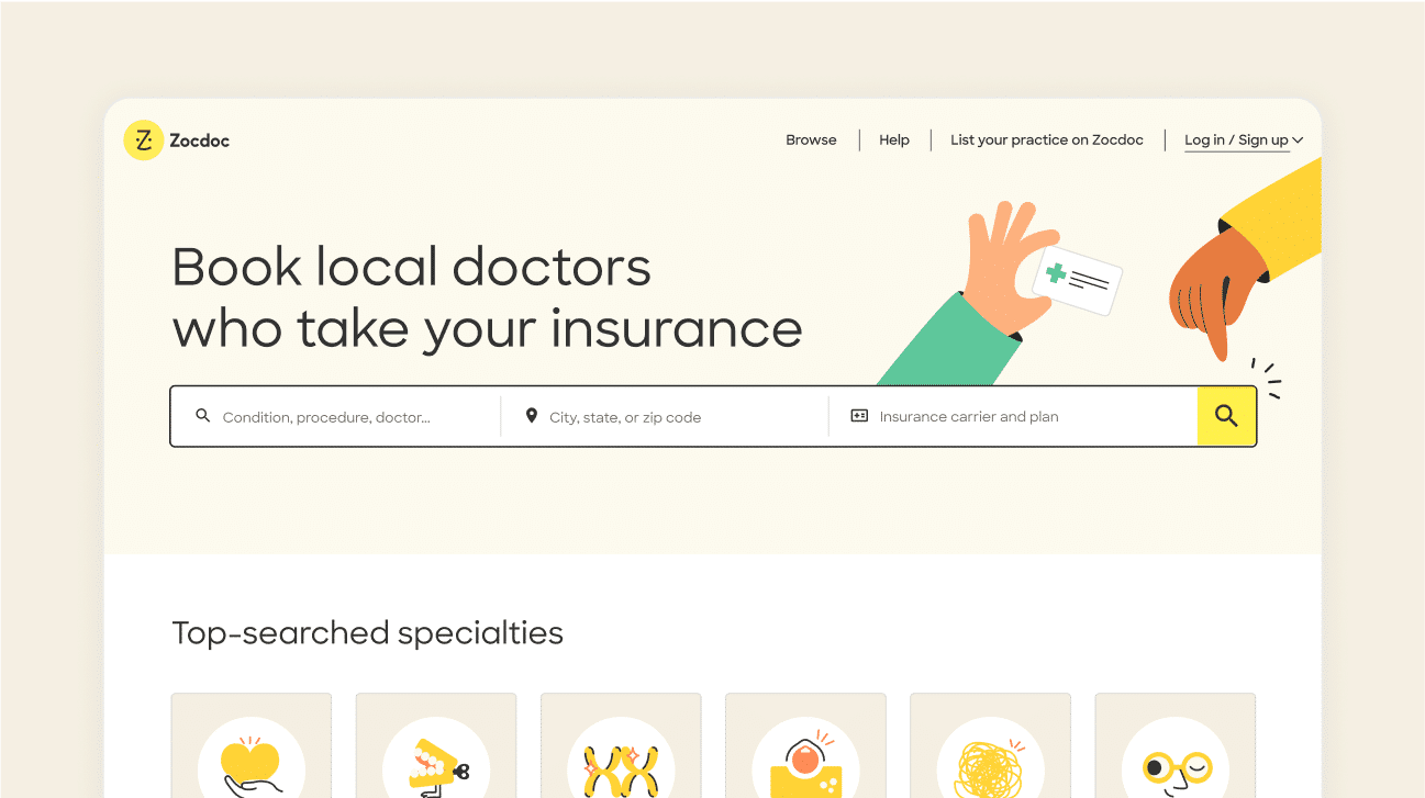 Zocdoc Marketplace homepage search connecting patients with in-network providers.